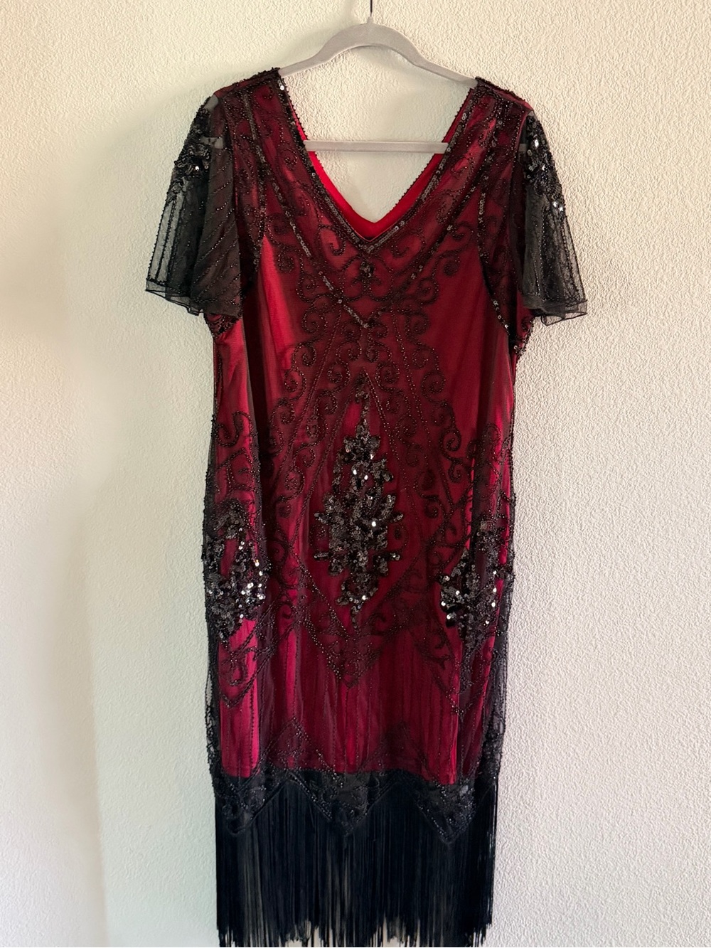 Vintage-Inspired Red Beaded Fringe Dress with Black Overlay